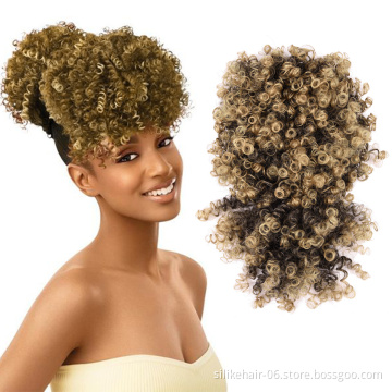 Cheap Brown Black Afro Puff Hair Pieces Short Kinky Curly Chignon With Bangs Drawstring Ponytail Synthetic Hair Bun Extensions